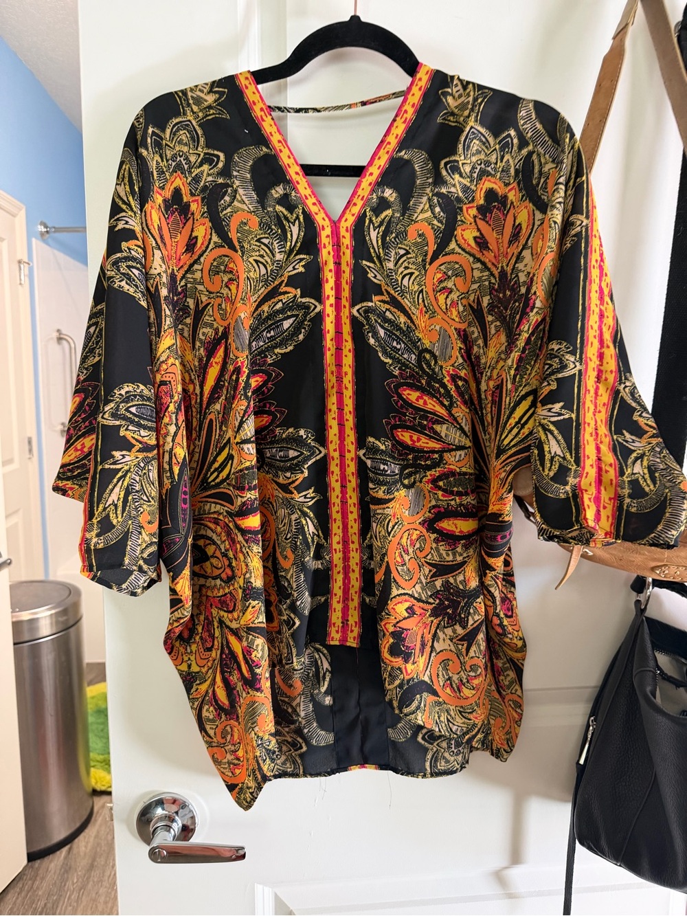 Boho Paisley V-Neck Kimono Top - Black with Orange & Gold